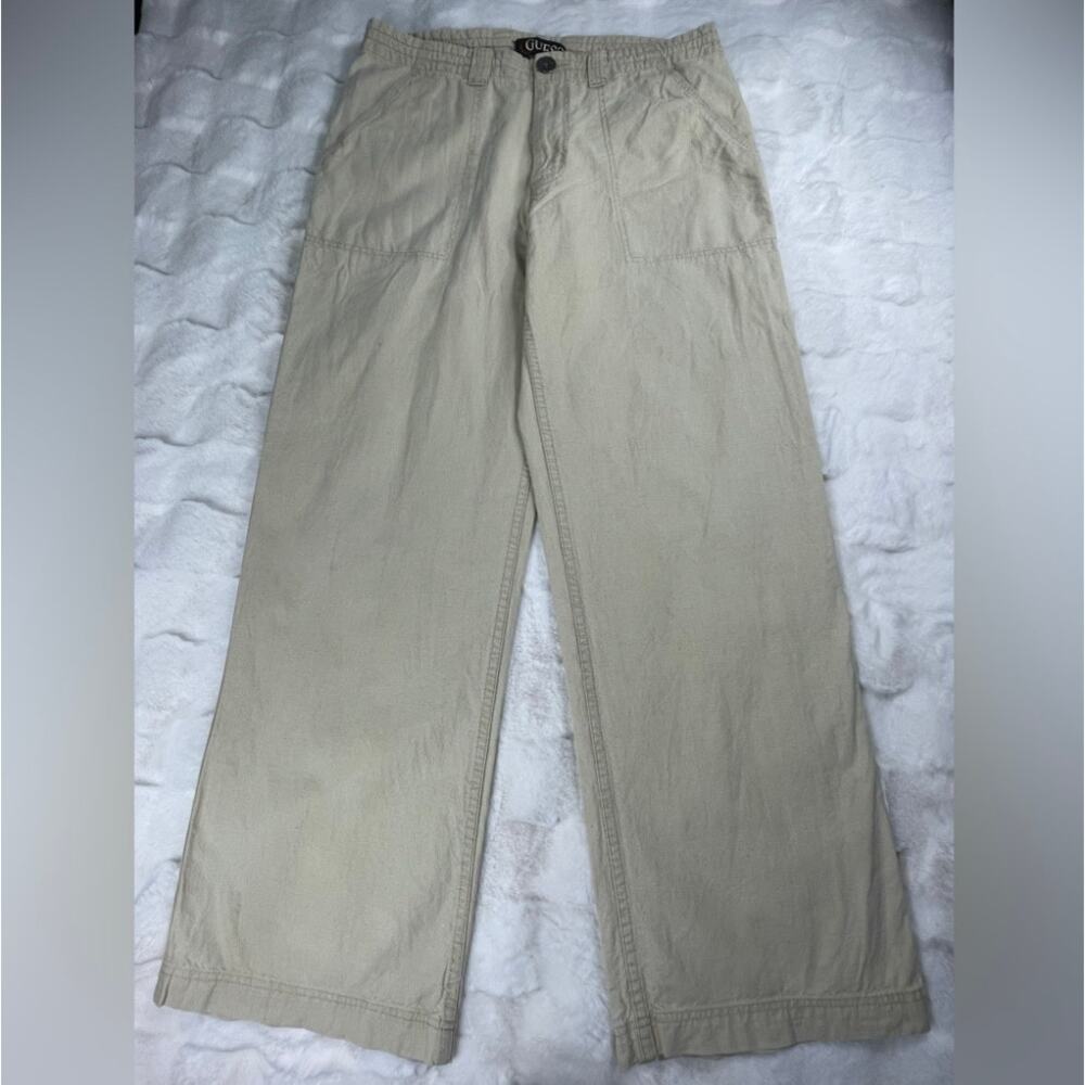 🔥GUESS Linen Cotton Blend Wide Leg Relaxed Fit Mid Rise Khaki Pants 32
